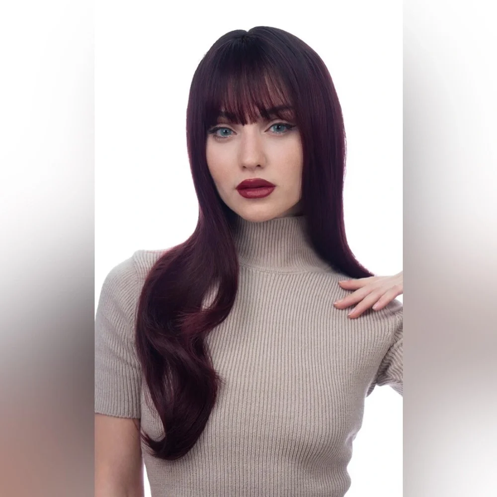 25” Burgundy Synthetic Wig with Dark Roots – Loose Curls – Adjustable Cap